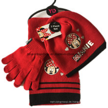 Kundenspezifische Logo-Karikatur gedruckte rote Winter-Acrylstrick-Beanie-Schal-Handschuh-Satz